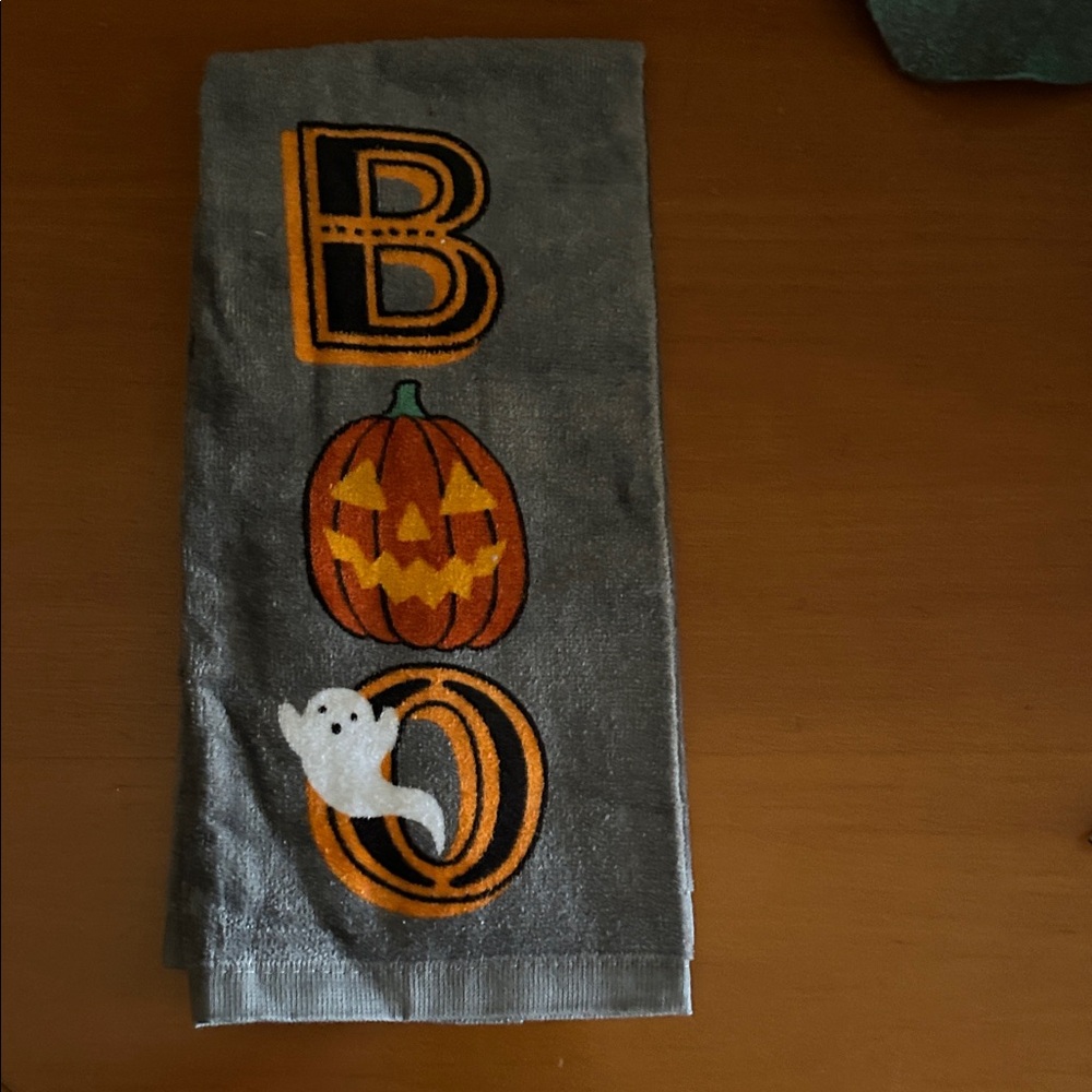Halloween Gray Kitchen Towel with Pumpkin and Ghost